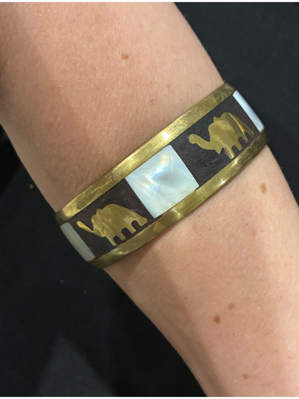 Vintage Brass & Mother-of-Pearl Safari Elephant Bangle Bracelet